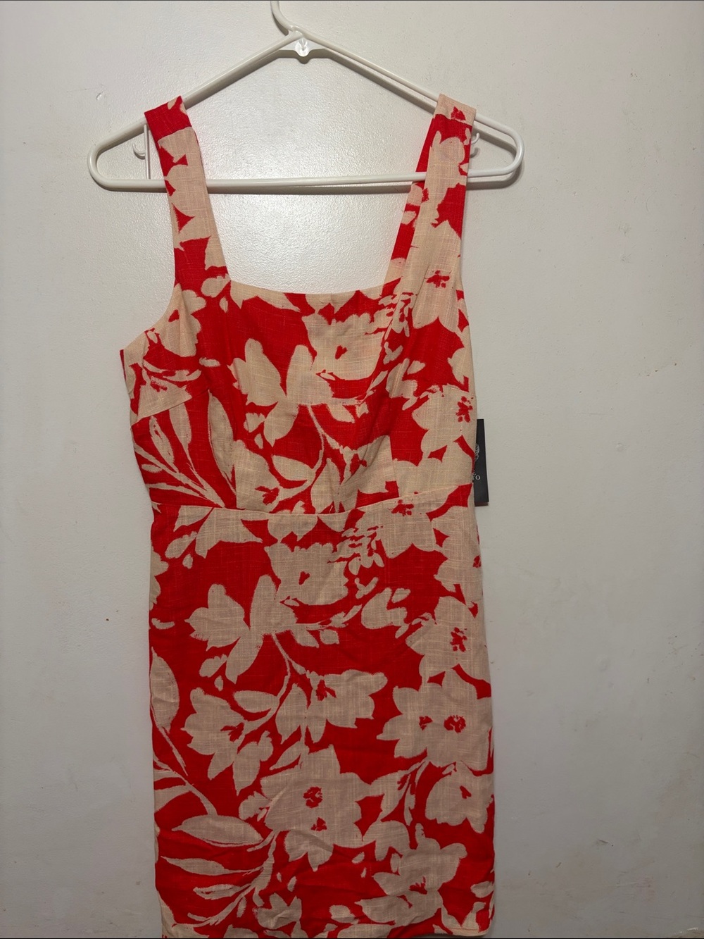 Vince Camuto Red and Cream Floral Square-Neck Mini Dress